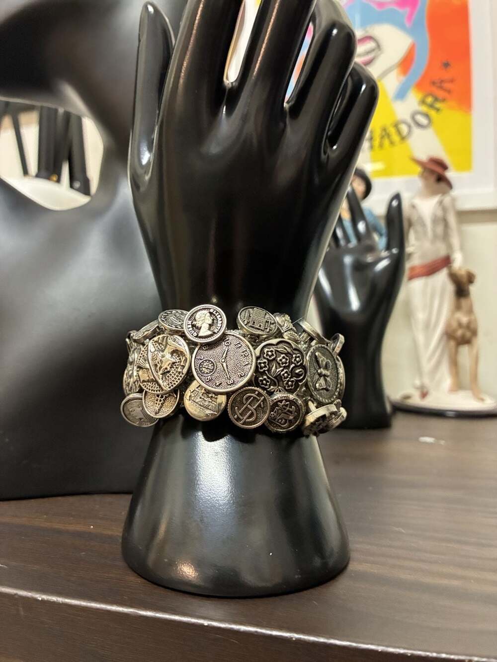 Vintage 1990s Unique Silver-Tone Assorted Coin and Button Statement Bracelet